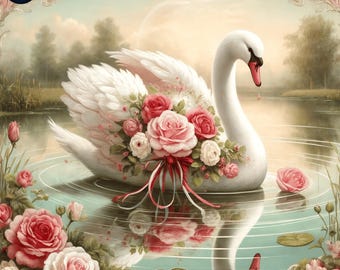 Decorazione murale vintage con cigni e rose: decorazione floreale romantica per la casa (download digitale)