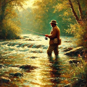 Fly Fishing Wall Art Vintage Fisherman In River Digital Download Peaceful Fishing Nature Print Rustic Cabin Decor Gift For Him Outdoor Art