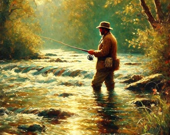 Fly Fishing Wall Art Vintage Fisherman In River Digital Download Peaceful Fishing Nature Print Rustic Cabin Decor Gift For Him Outdoor Art