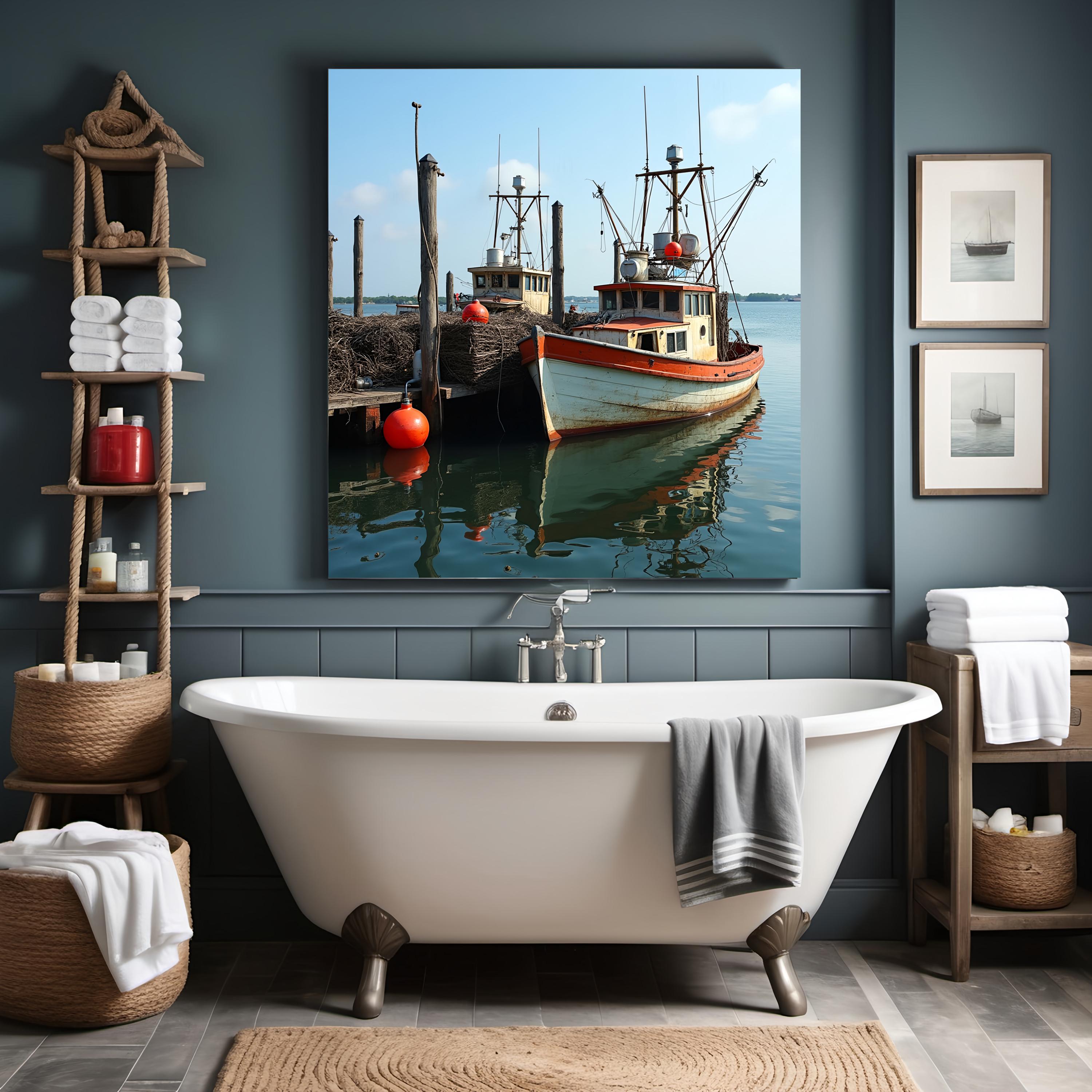 Vintage Lobster Boats by Dock, Rustic Nautical Art, Coastal Wall Decor