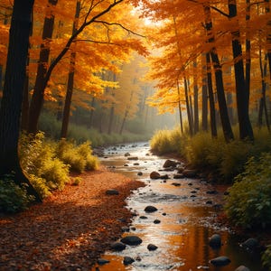 Autumn Forest Stream Art Print: Tranquil Fall Landscape (Digital Download)