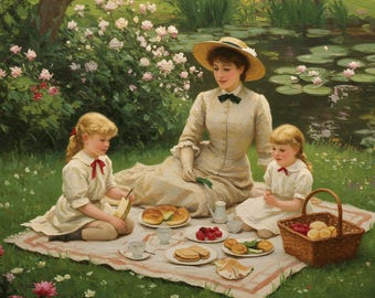 Victorian Family Picnic Painting: Impressionist Garden Scene (Digital Download)