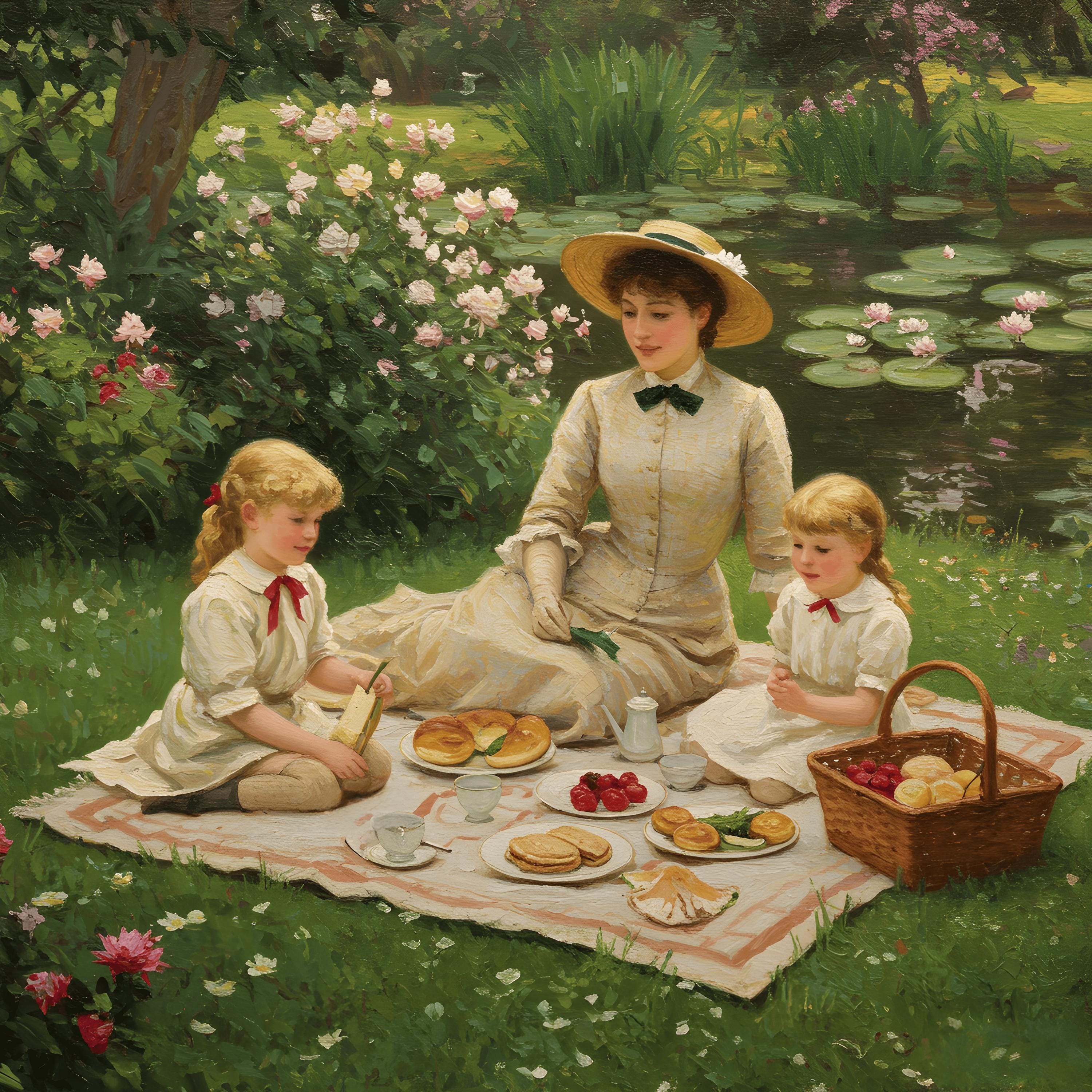 絵画 Family in the garden 20x 20cm Victorian Family Picnic Painting: Impressionist Garden Scene