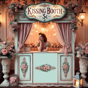 Whimsical Vintage Kissing Booth Wall Art Romantic Valentine’s Day Décor Gift Idea Retro Love Poster Shabby Chic Digital Print Gift