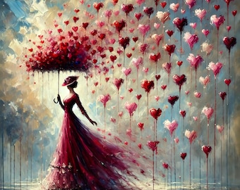 Valentine's Day Woman with Heart Umbrella Art Print (Digital Download)