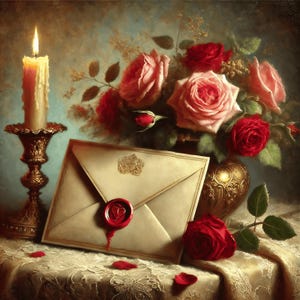 Impresión digital con carta de amor de San Valentín vintage, arte de pared romántico, idea de regalo para ella, rosas y velas, pintura impresionista de naturaleza muerta, regalo