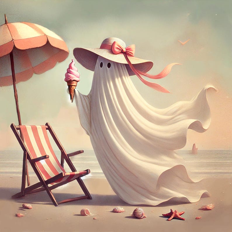 May include: A whimsical illustration of a ghost enjoying a day at the beach. The ghost, draped in white fabric, wears a sun hat with a pink bow and holds a pink ice cream cone. A beach umbrella and striped chair complete the scene.