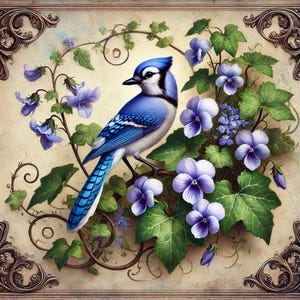 Blauhäher und Efeu Frühling Vogel blauhäher blau blauhäher Wand Kunst digitaler Download vintage druckbare Kunst Cottagecore Dekor Geschenk