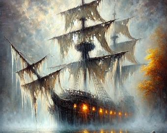 Haunted Pirate Ship Art: Spooky Halloween Galleon Print (Digital Download)