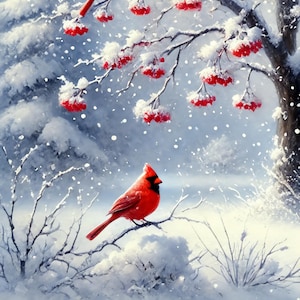 Winter cardinal with snowy berries digital wall art print red bird in snow holiday nature printable rustic woodland decor instant download