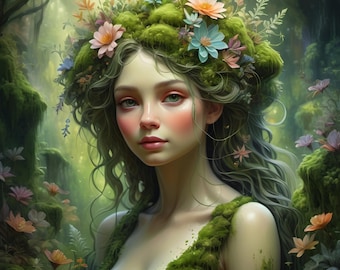 Impression d'art Ethereal Moss Maiden : déesse de la nature florale rêveuse (téléchargement numérique)