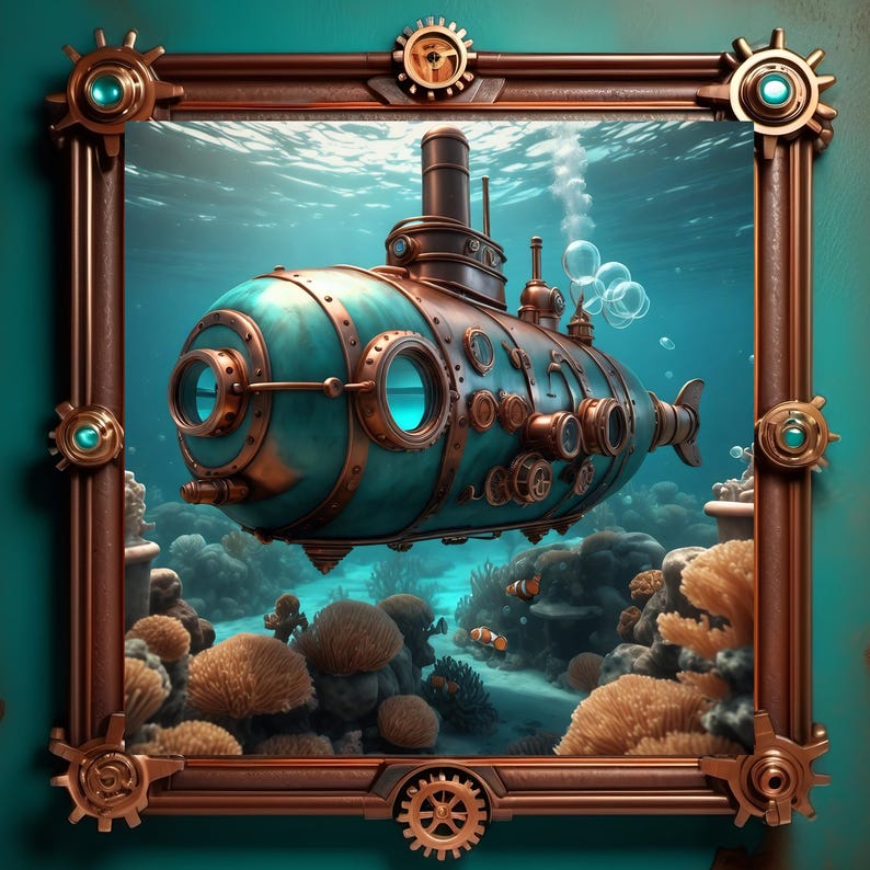 Steampunk Submarine Art Print: Turquoise Bronze Nautical Sci-fi ...
