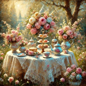Victorian Garden Tea Party Digital Print Elegant Floral Still Life Wall Art Vintage Rose Tea Set Wall Décor Shabby Chic Gift Cottagecore Art