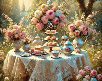Victorian Tea Party Print: Elegant Floral Still Life, Cottagecore Wall Art (Digital Download)