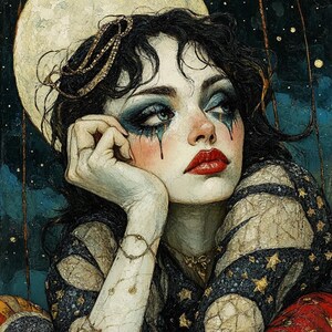 Puede incluir: Una pintura digital de una persona con cabello oscuro y ondulado y piel pálida, vistiendo una prenda oscura adornada con estrellas doradas. La persona tiene un maquillaje de ojos oscuro con rayas tipo lágrima, labios rojos brillantes y un tocado.