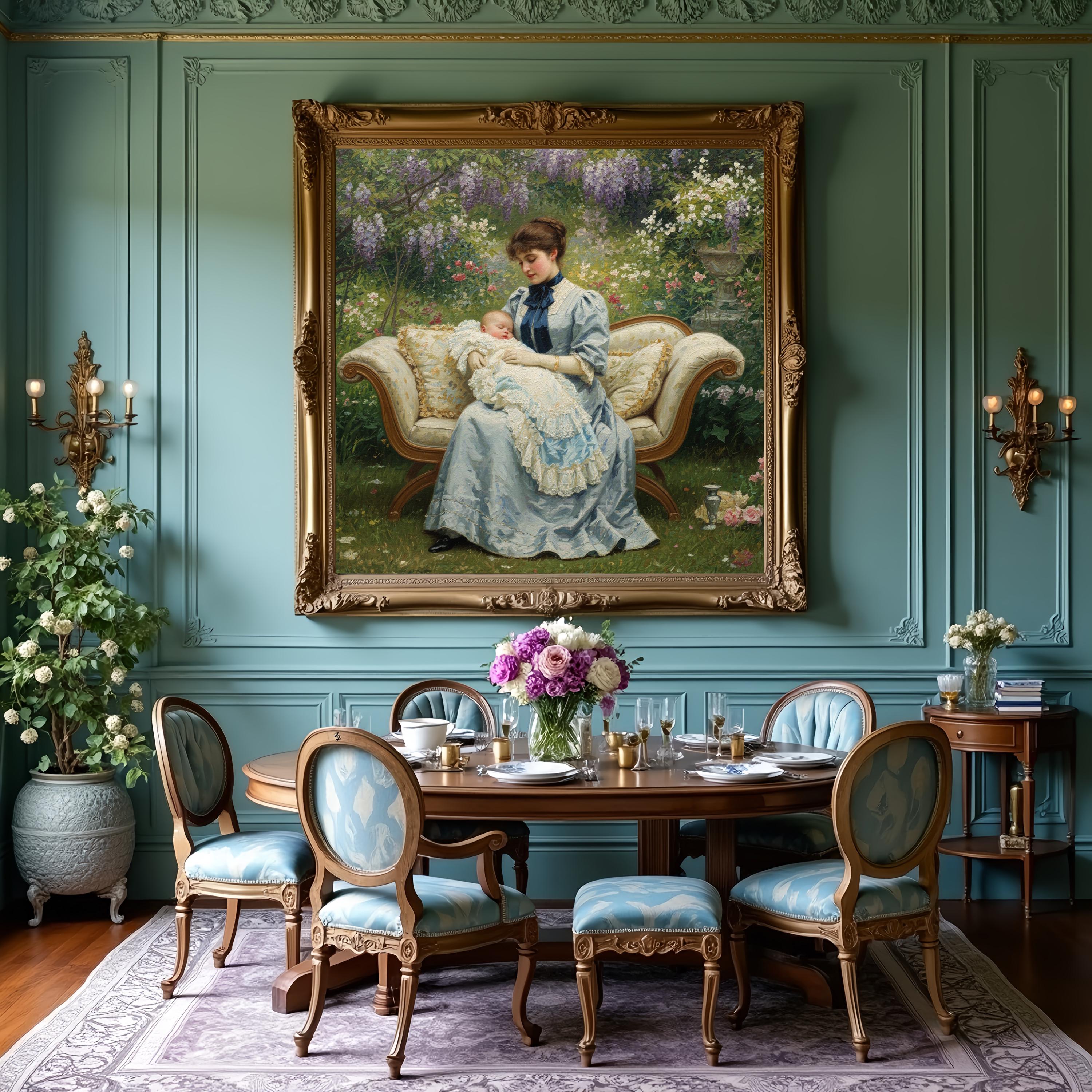 ビクトリア朝時代の母と子の庭の絵画：ヴィンテージの花の保育園アート