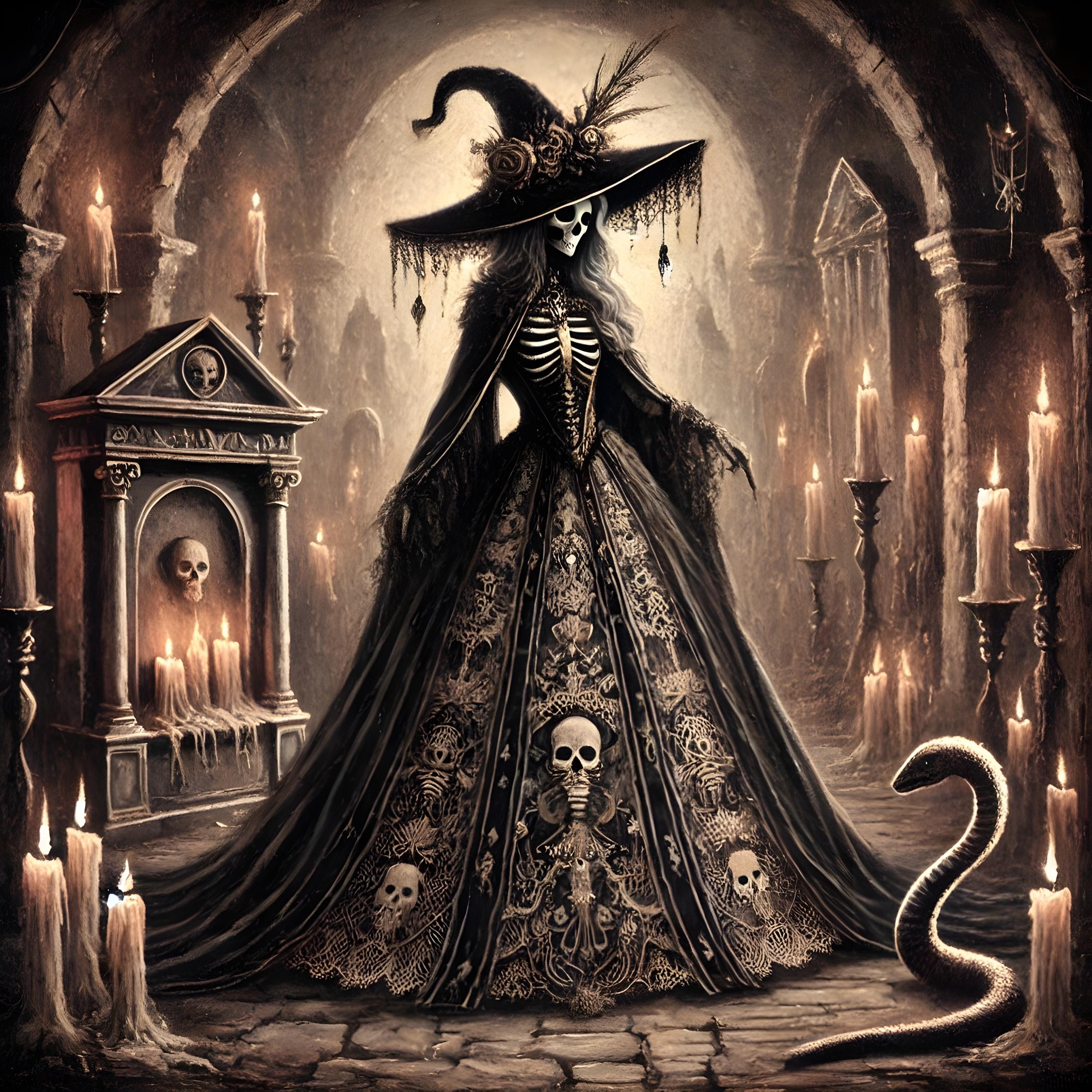 ゴシック魔女と蛇のアートプリント：ダークファンタジーハロウィーン