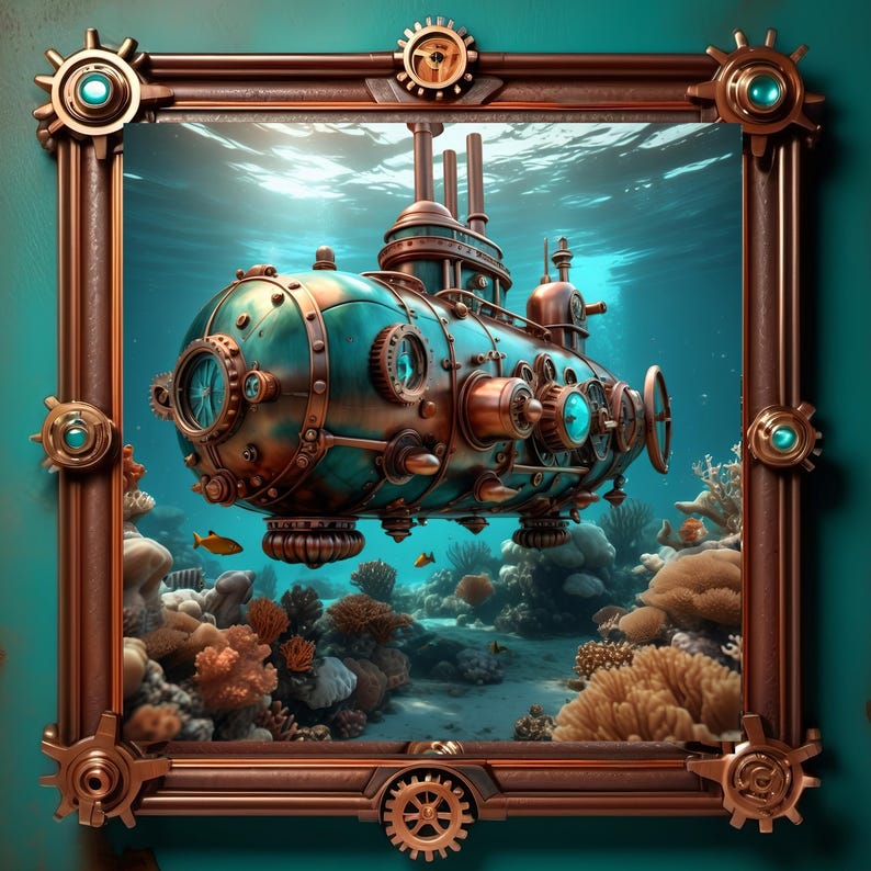 Steampunk Submarine Art Print: Turquoise Bronze Nautical Sci-fi ...