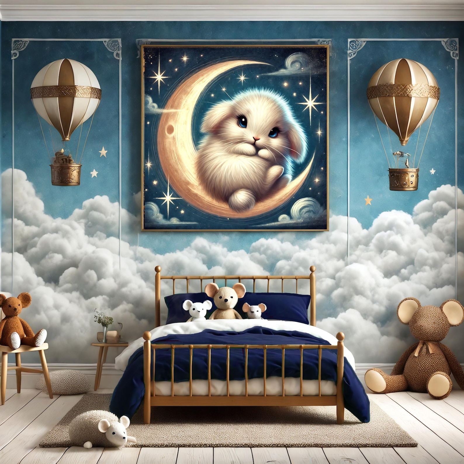 Bunny Moon Nursery Print Whimsical Rabbit Celestial Art Digital 