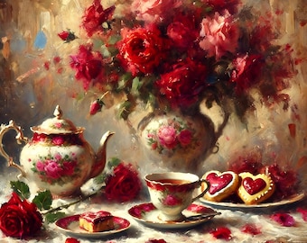 Lámina artística vintage de té y rosas: Naturaleza muerta romántica de San Valentín (Descarga digital)