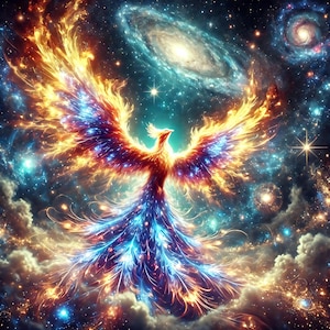 May include: A fiery phoenix with a blue and orange tail feathers soars through a galaxy of stars and swirling nebulae.