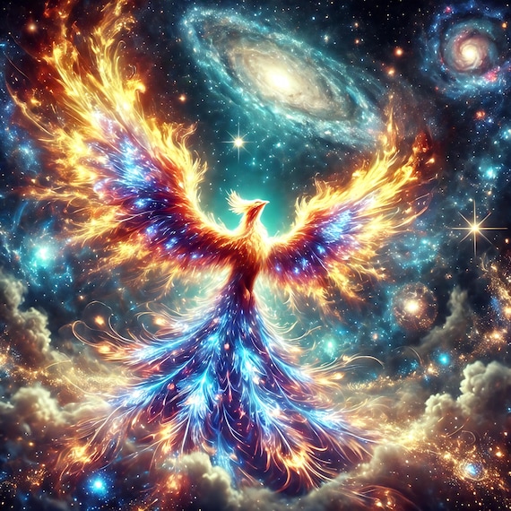 Celestial Phoenix Rising Print: Galactic Firebird Fantasy Art