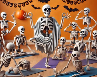 Skeleton Yoga Print: Funny Halloween Art, Spooky Whimsical Decor (Digital Download)