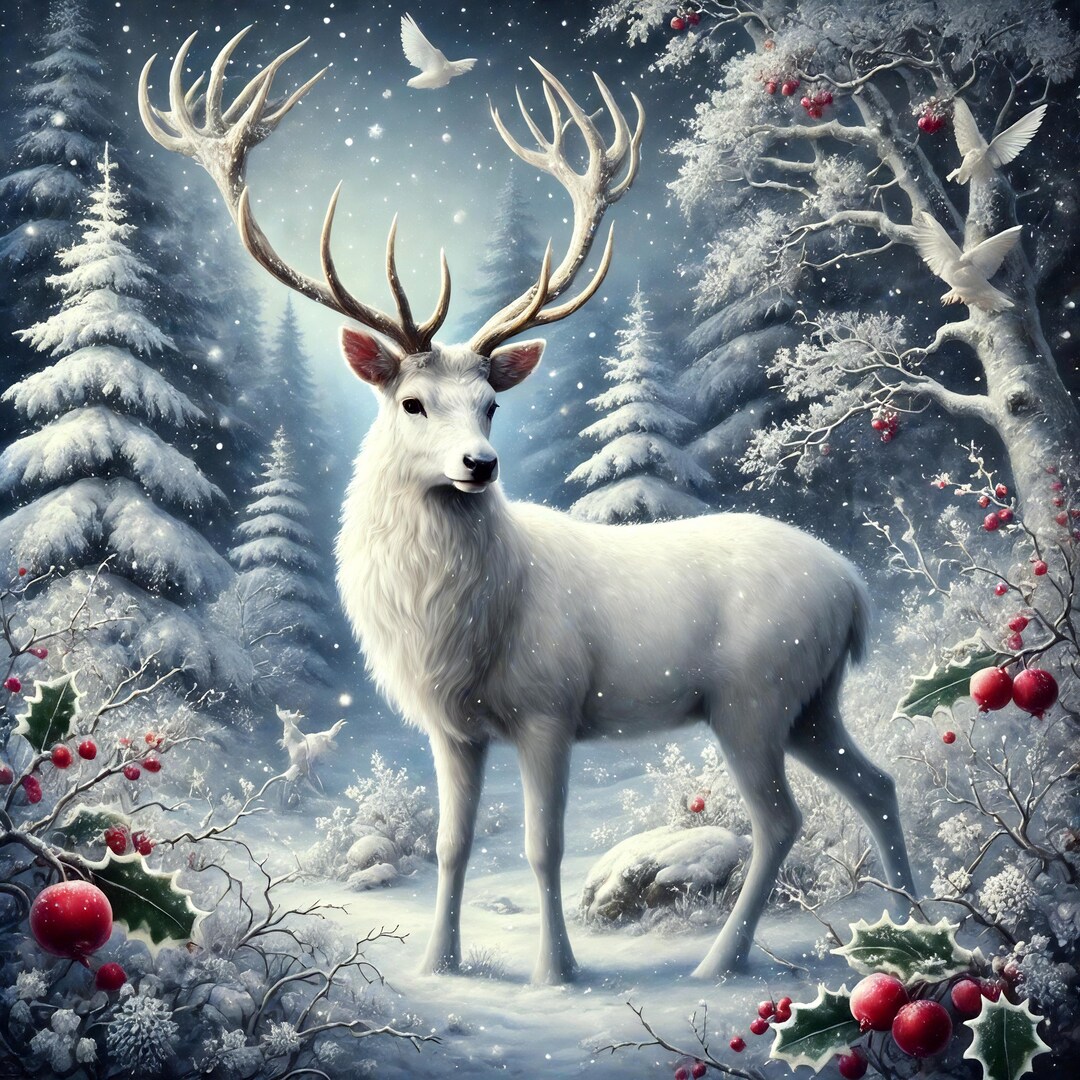 Winter Stagg White Stag Winter Woodland Art Print: Snowy Holiday Decor (digital ...