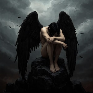 Dark Fallen Angel Digital Art Gothic Fantasy Wall Art Melancholic Angel Print Moody Digital Download Dark Aesthetic Home Decor Gift Idea