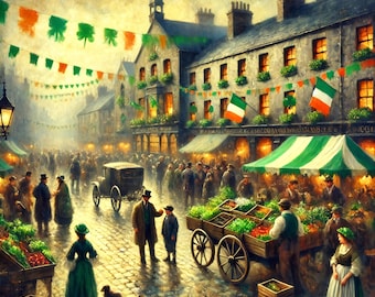 Vintage afdruk met Ierse marktscène: St. Patrick's Day Town-kunstwerk (digitale download)