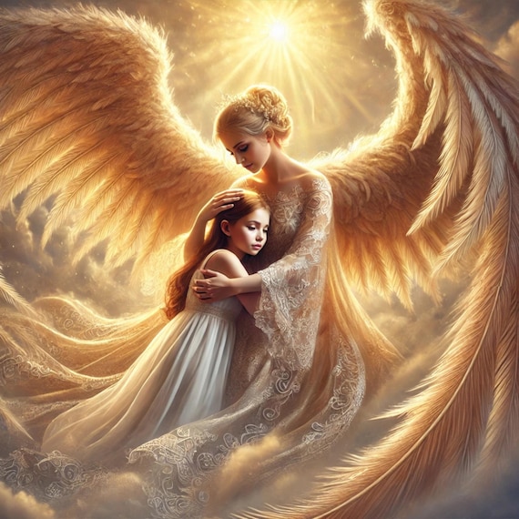 Guardian Angel Embrace Print: Celestial Mother & Child (digital