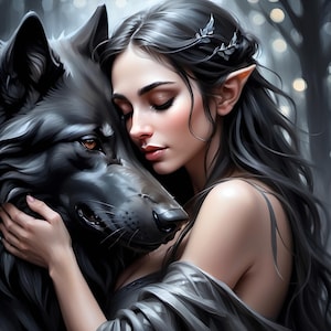 Elf Maiden with Wolf Companion Digital Download Mystical Forest Art Fantasy Decor Magical Nature Scene for Home or Gift