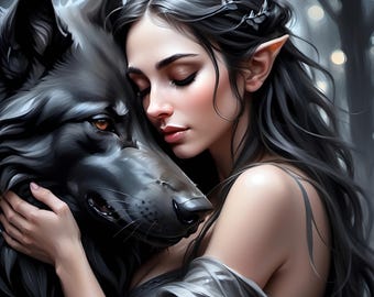 Elf Maiden and Wolf Digital Art Print: Mystical Forest Fantasy Decor (Instant Download)