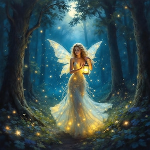 Magical Lantern Fairy Art Print: Ethereal Forest Fantasy (Digital Download, 30x30 inches