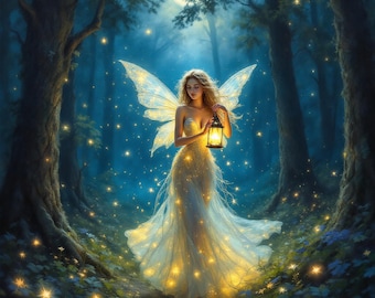 Lámina artística de Hada de la Linterna Mágica: Fantasía del Bosque Etéreo (Descarga digital)