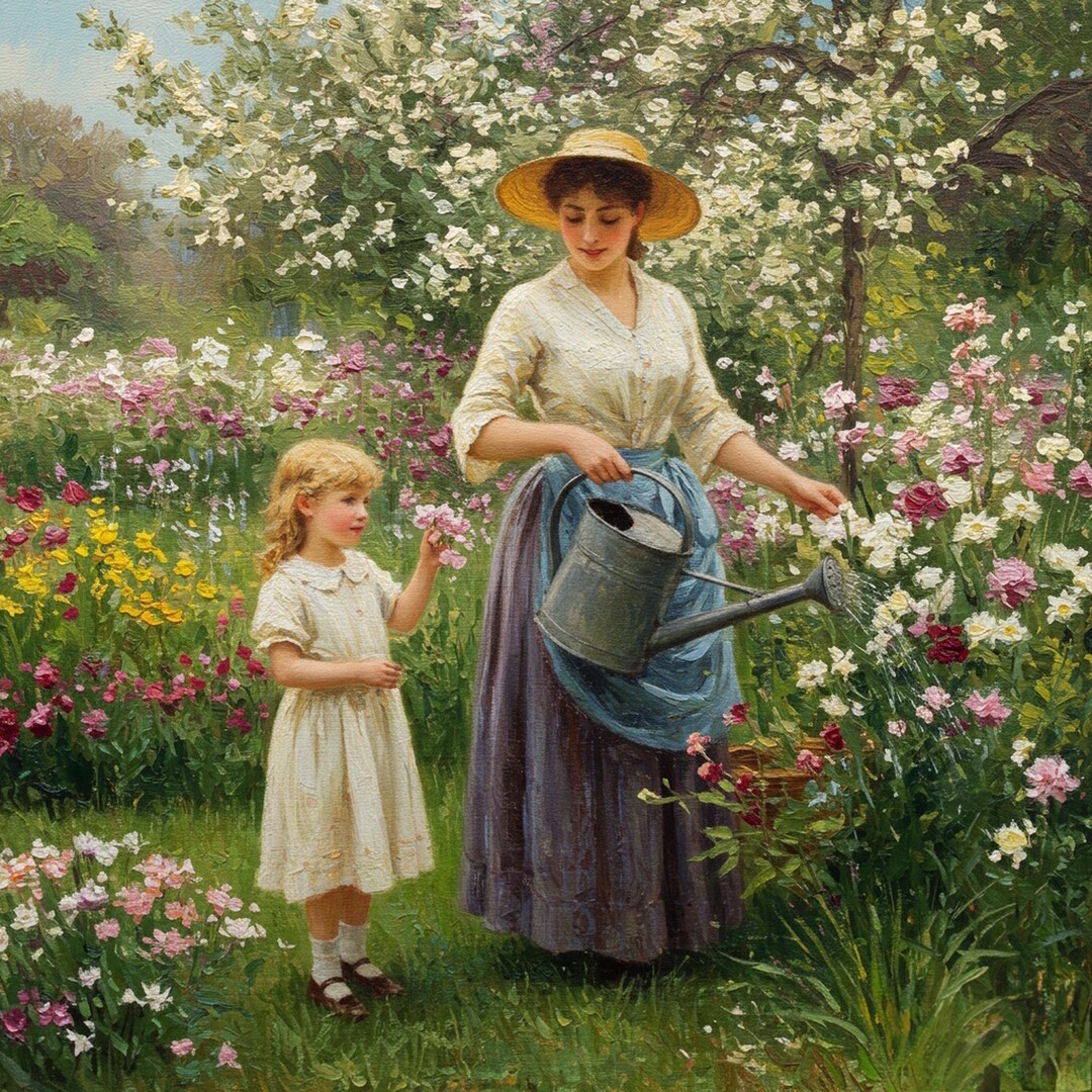 Victorian Mother & Daughter Gardening Art: Vintage Floral Print
