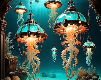 Steampunk Mechanical Fish Art: Nautical Sci-fi Print (digital