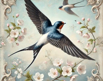 Stampa vintage con rondini e fiori di ciliegio: arte murale con uccelli primaverili (download digitale)