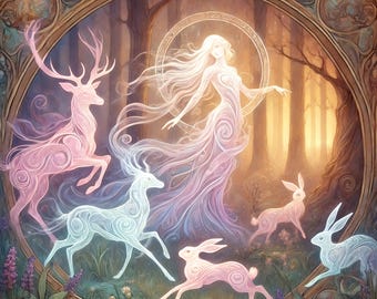 Ethereal Forest Goddess and Spirit Animals Digital Art Mystical Fantasy Print Celestial Woodland Wall Decor Enchanted Nature Gift