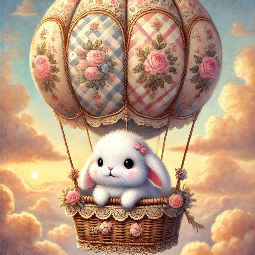 Vintage Bunny Hot Air Balloon Print: Whimsical Nursery Decor (digital ...