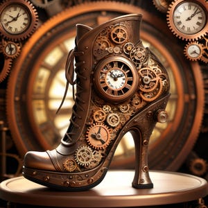 Puede incluir: Una bota de tacón alto de estilo steampunk marrón con intrincados detalles de relojería y engranajes. La bota presenta un diseño con cordones, una esfera de reloj y un tacón alto. El fondo incluye relojes y engranajes, creando un tema cohesivo.