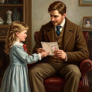 Vintage Vatertag Malerei Mädchen geben Karte zu Papa druckbare digitale Kunst klassische Familie Moment herzerwärmende Geschenk für Vater-Wand-Dekor