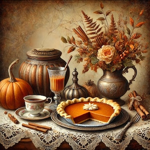 May include: A still life featuring a pumpkin, a pie, a teapot, a glass of juice, and a cup of tea. The items are arranged on a table with a lace tablecloth. The background is a warm brown color.