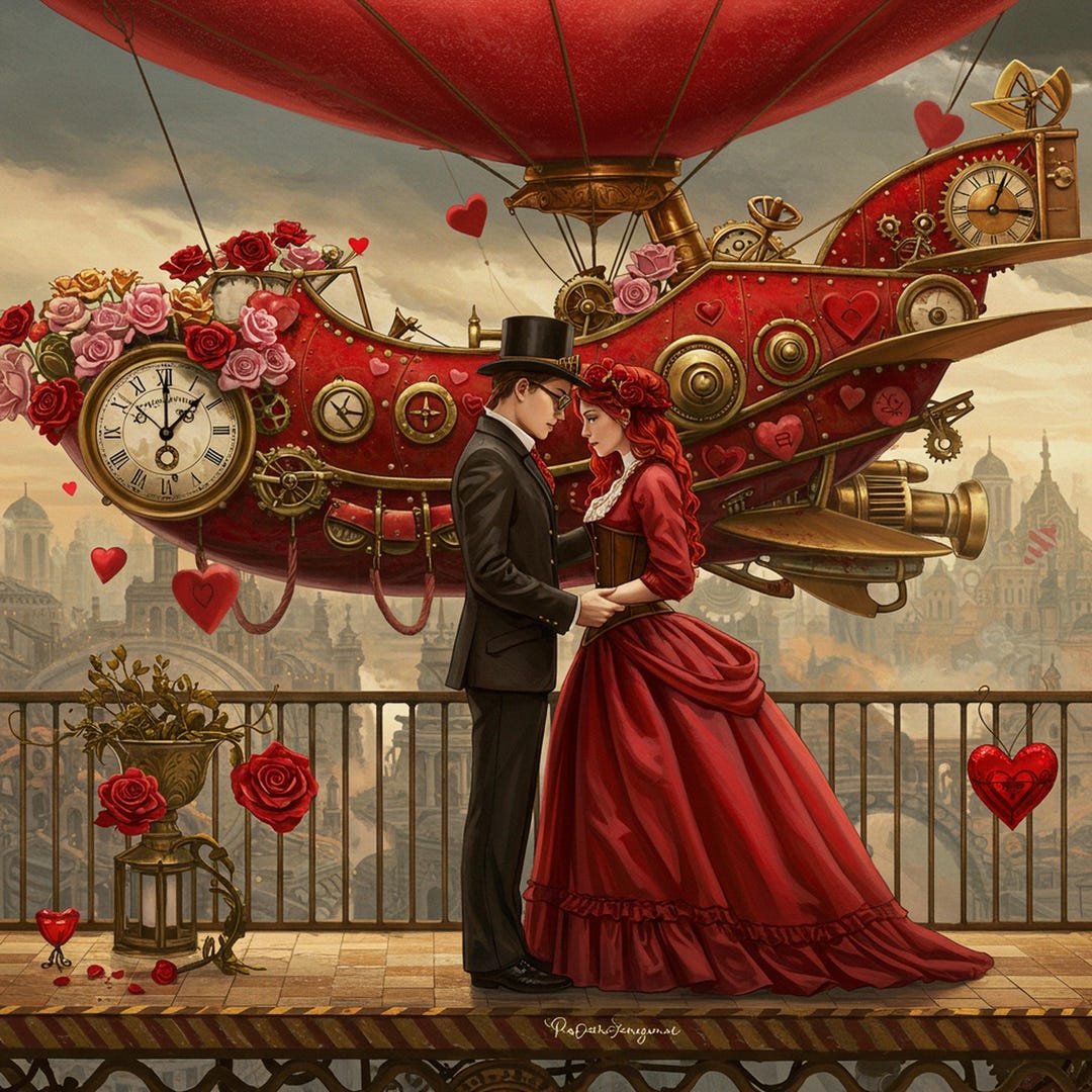 Steampunk Valentine Couple Art Print: Airship Love Story (digital ...