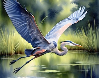 Stampa artistica di airone azzurro in volo: scena serena sul lago (download digitale)