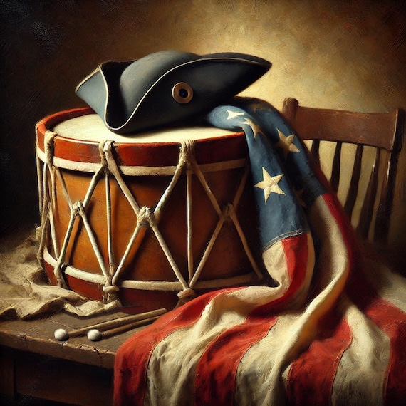 Colonial Americana Still Life: Drum, Tricorn Hat, Vintage Patriotic Art (Digital Download)