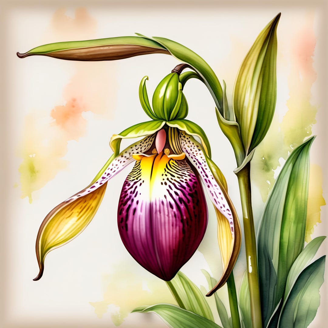 Lady Slipper Orchid Art Print: Watercolor Botanical Illustration ...
