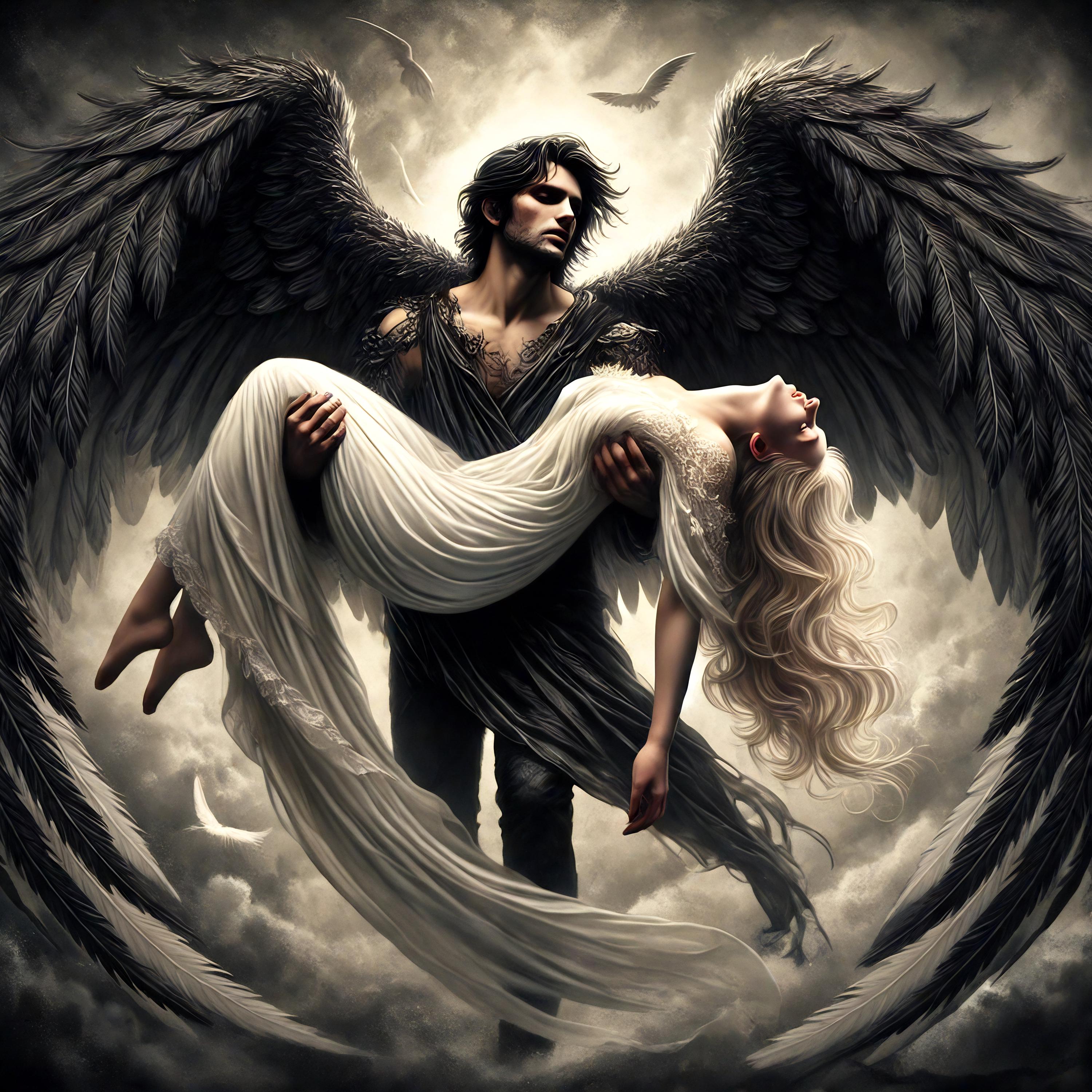 Dark Angel and Woman Art Print: Romantic Gothic Wall Decor