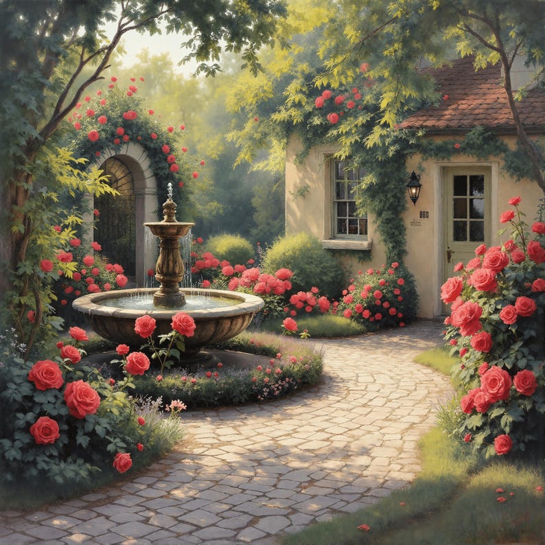 Romantic Cottage Garden Fountain Art Print: Vintage Rose Courtyard ...