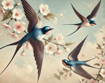 Stampa vintage con rondini e fiori di ciliegio: arte ornitologica vittoriana (download digitale)